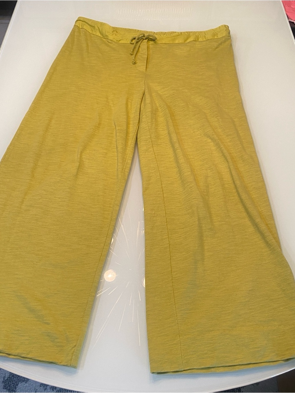 Nurture Chartreuse Yellow Cotton Linen Wide Leg Drawstring Button Fly Pants Larg